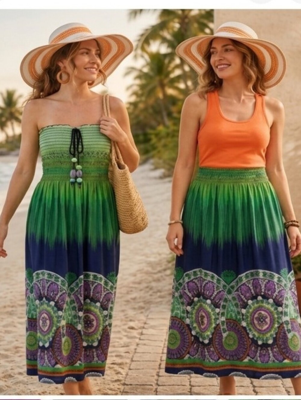 Tropical Boho 3-Piece Set: Convertible Skirt/Dress, Tank & Striped Sun Hat